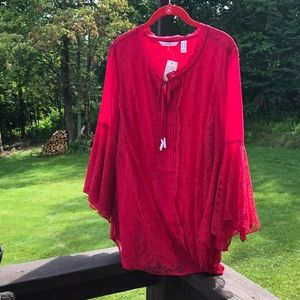 NWT- Isaac Mizrahi Live! Chantilly Lace Tie Neck Blouse Plus 18W Red.